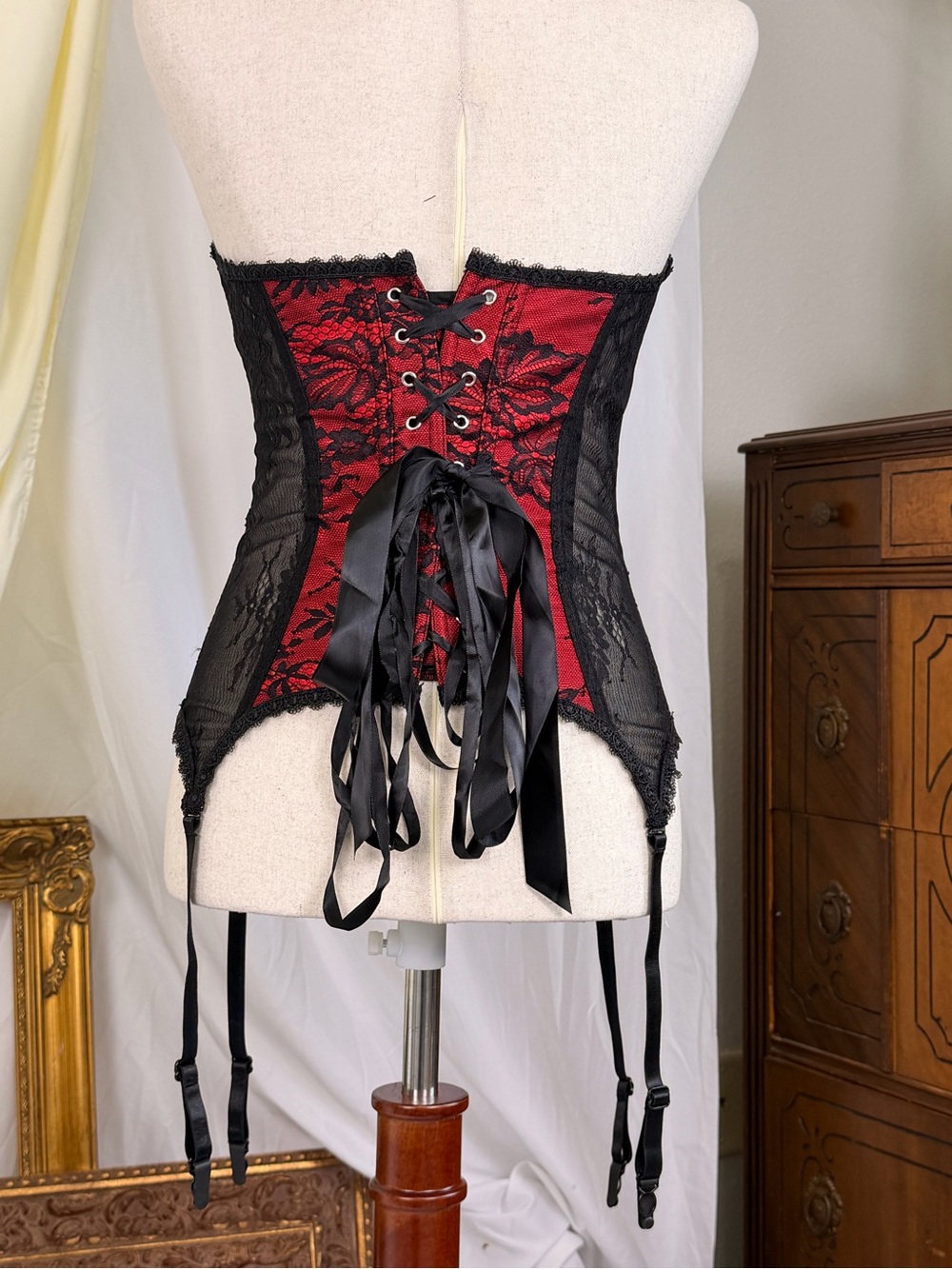 NWT Adore Me red corset top with black lace and ribbon details lingerie sexy